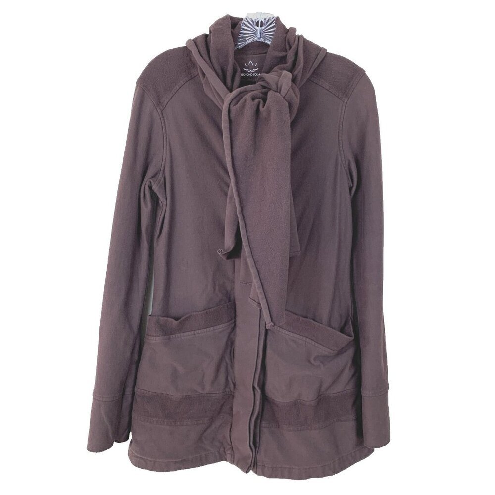 Beyond Yoga Womens M Sweatshirt Jacket Organic Fleece Button Up Scarf Brown